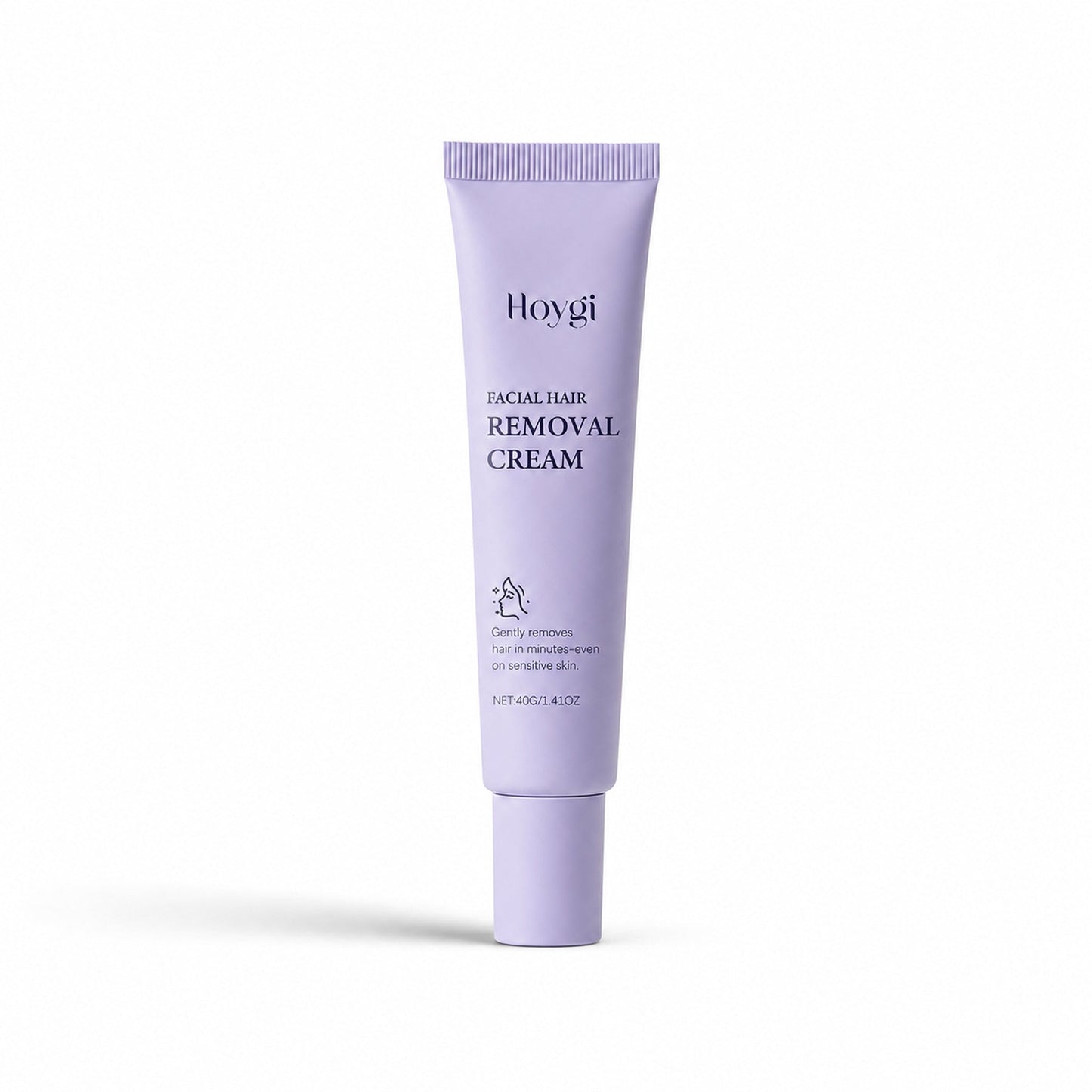 Facial Hair Removal Cream centered on white with directional studio shadow