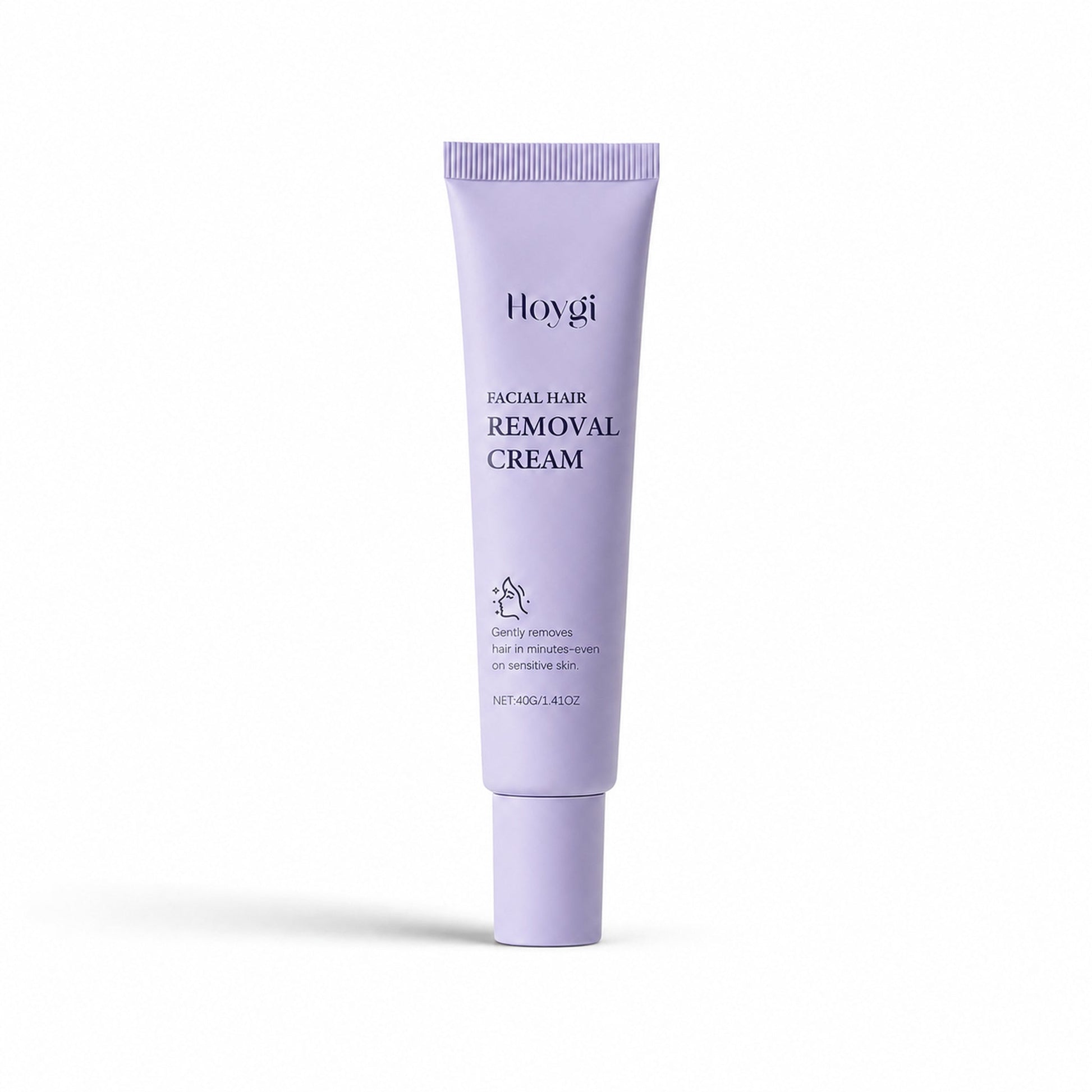 Facial Hair Removal Cream centered on white with directional studio shadow