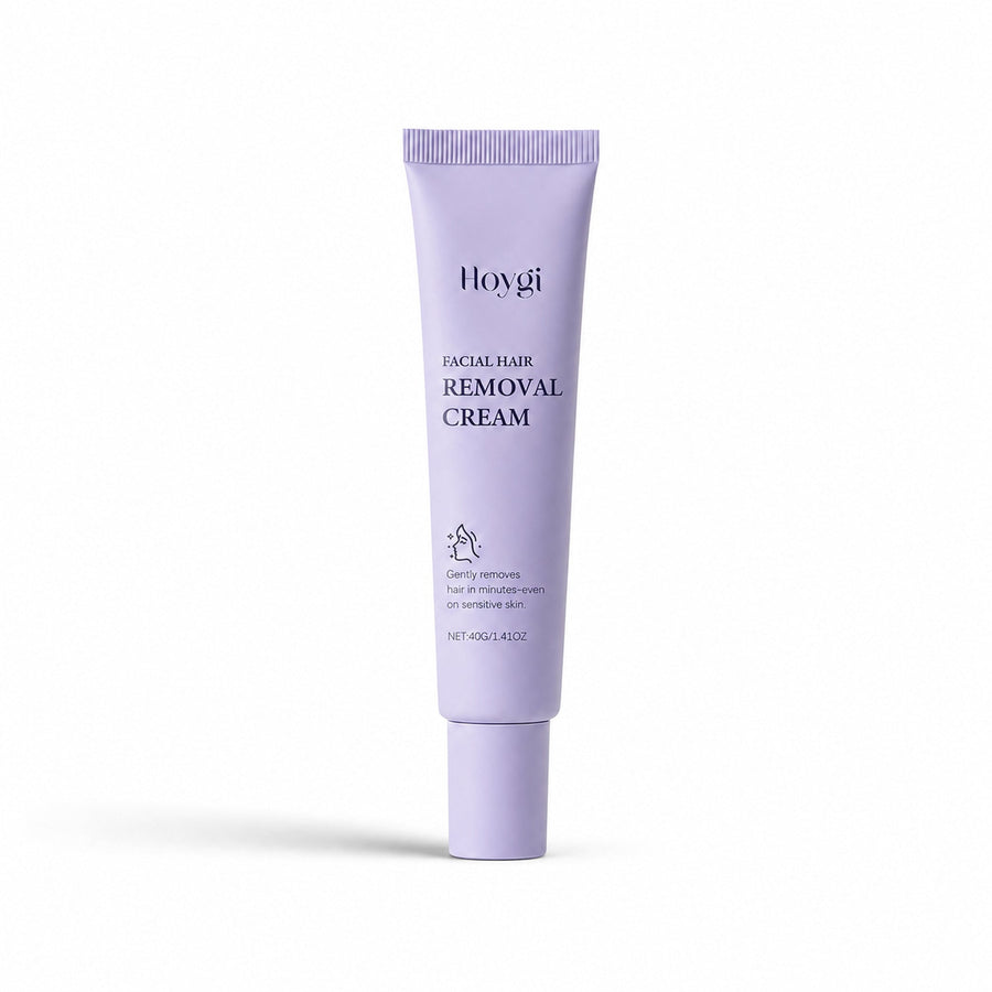 Facial Hair Removal Cream centered on white with directional studio shadow