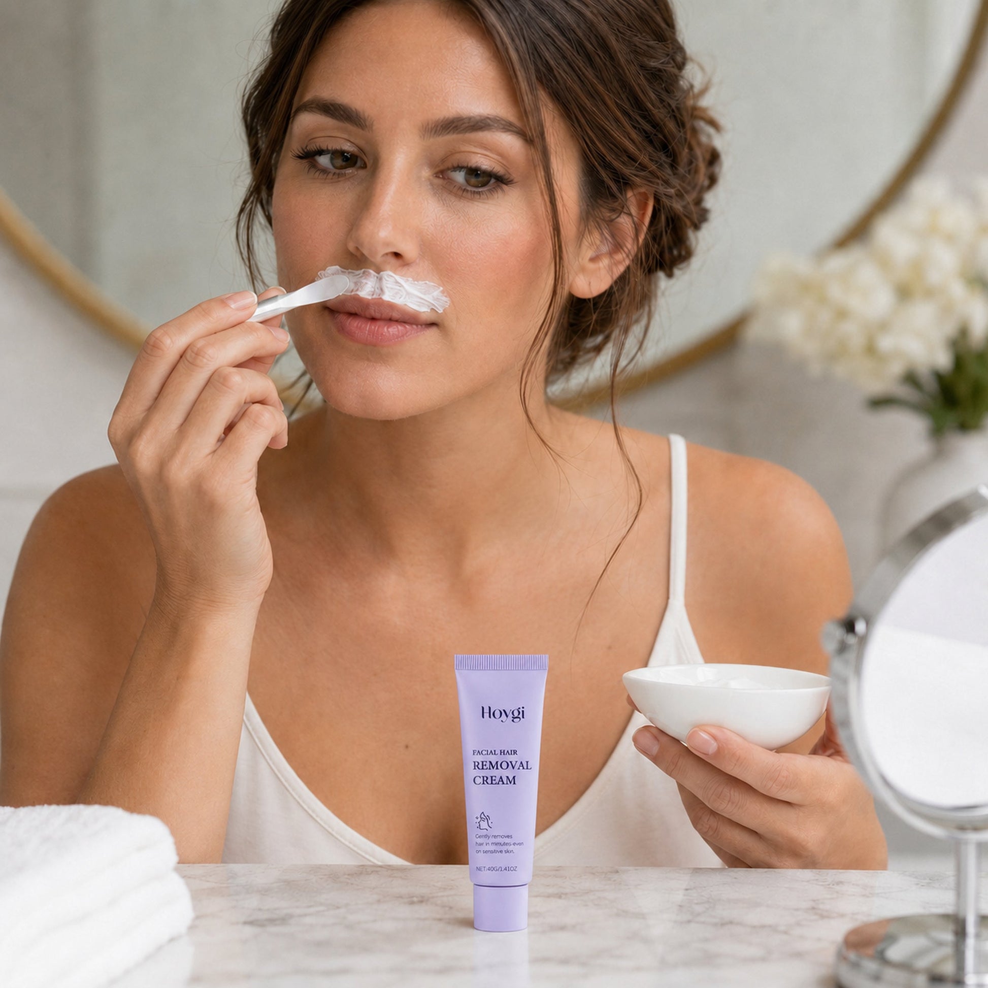 Facial Hair Removal Cream realistic lifestyle application scene