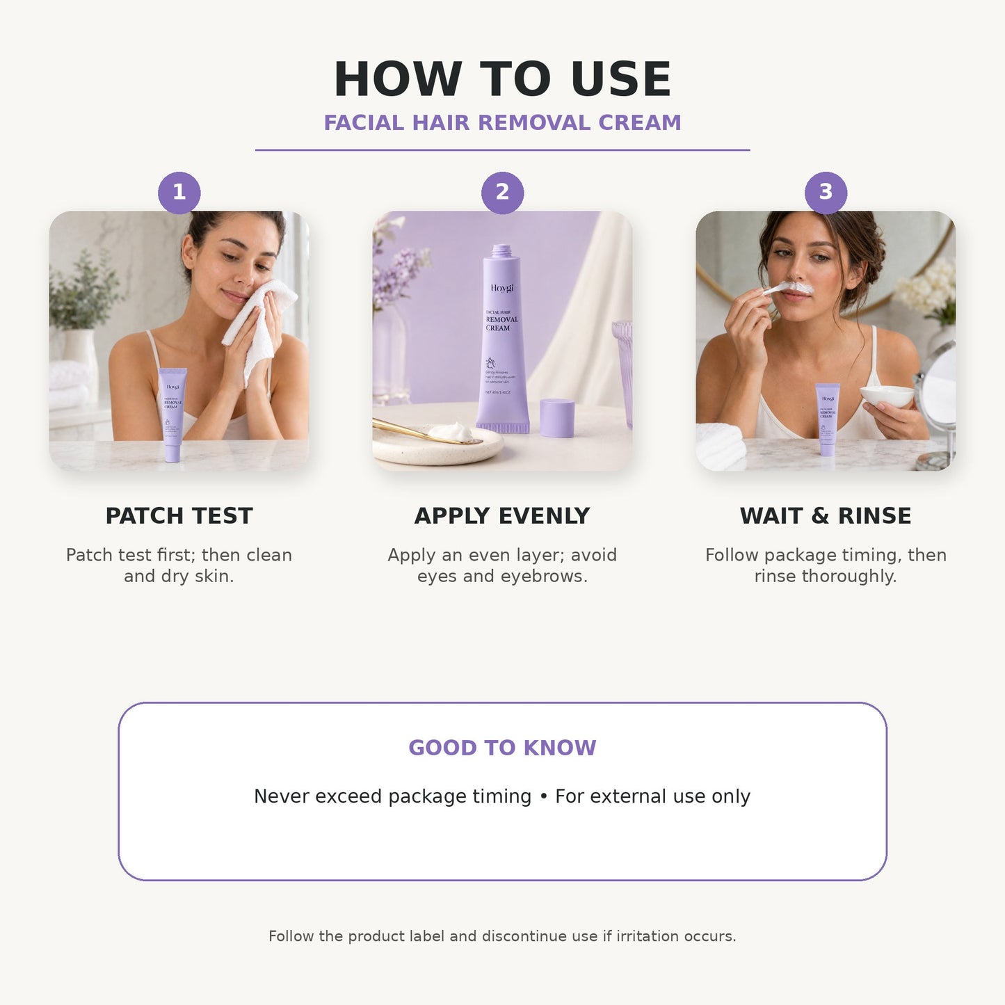 Facial Hair Removal Cream three-step directions for use