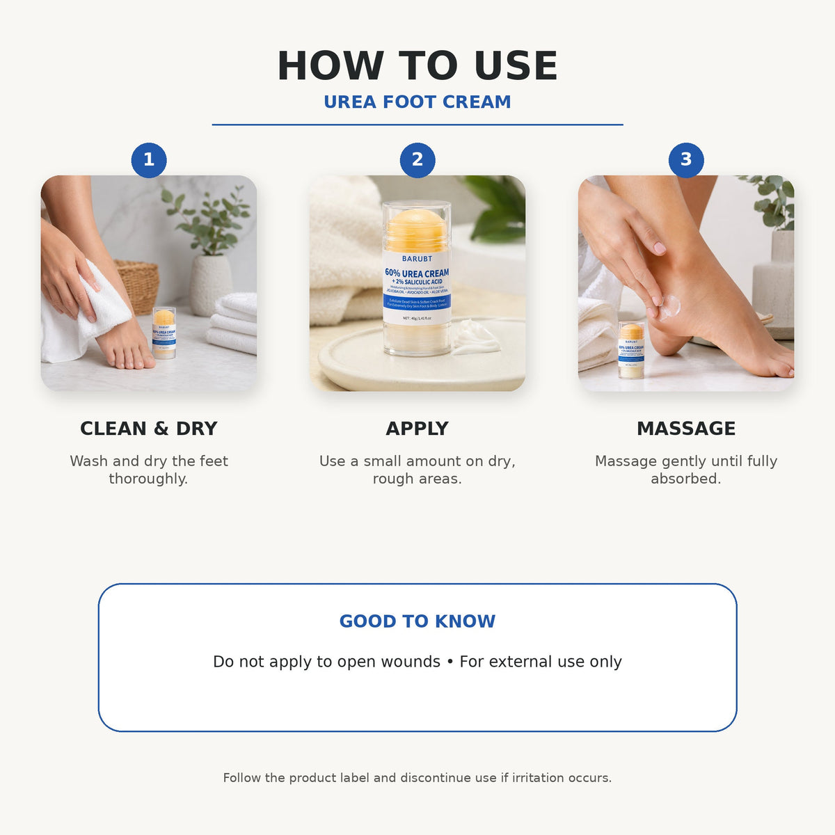 60% Urea Foot Cream three-step directions for use