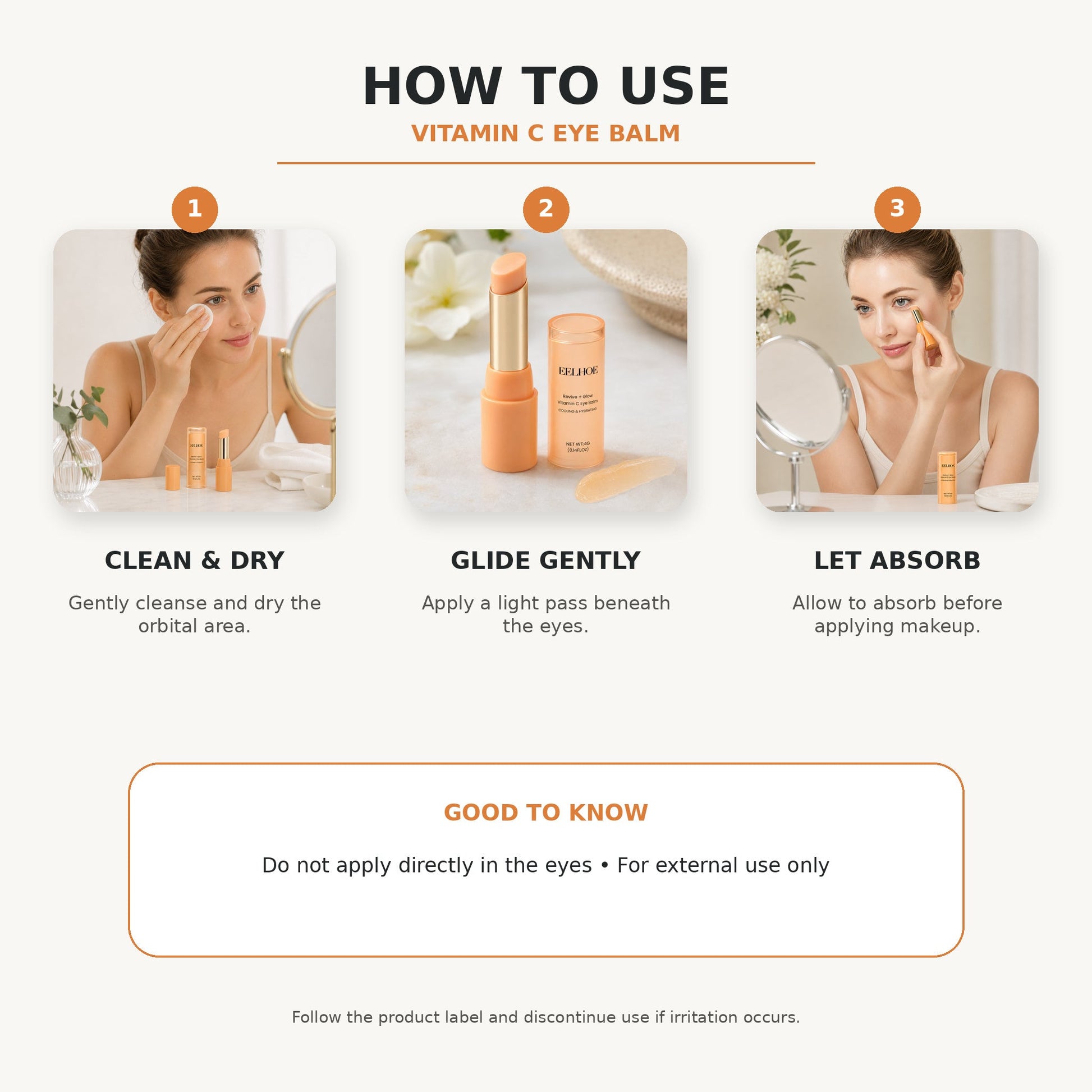 Vitamin C Eye Balm three-step directions for use