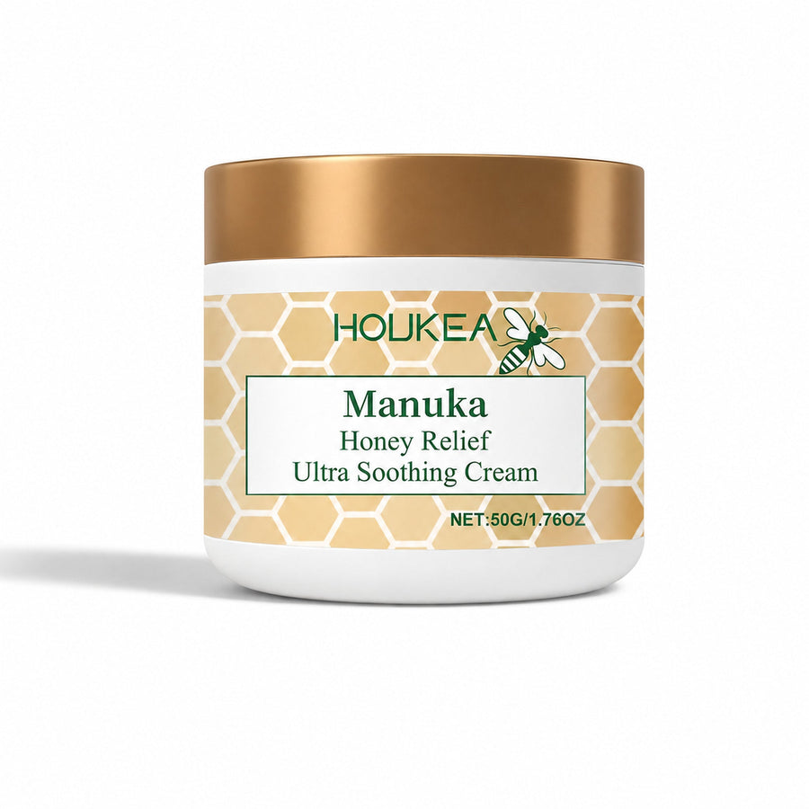Manuka Honey Relief Cream centered on white with directional studio shadow