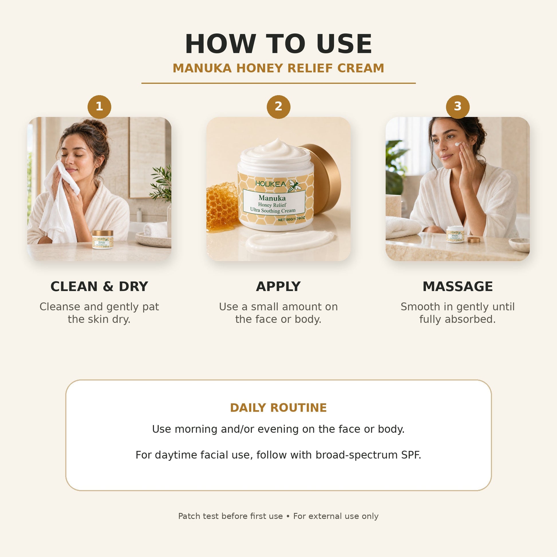 Manuka Honey Relief Cream three-step directions for use
