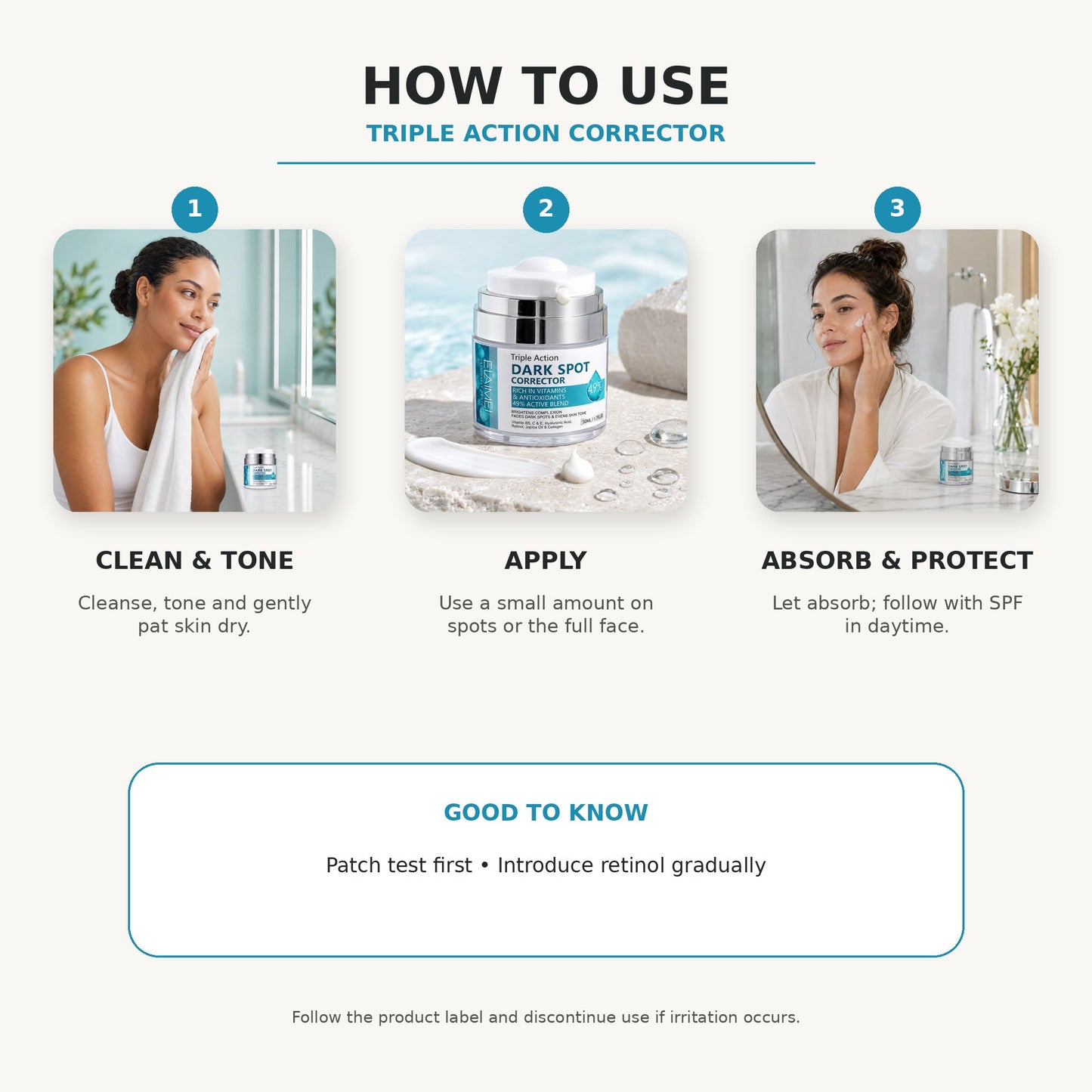 Triple Action Dark Spot Corrector three-step directions for use