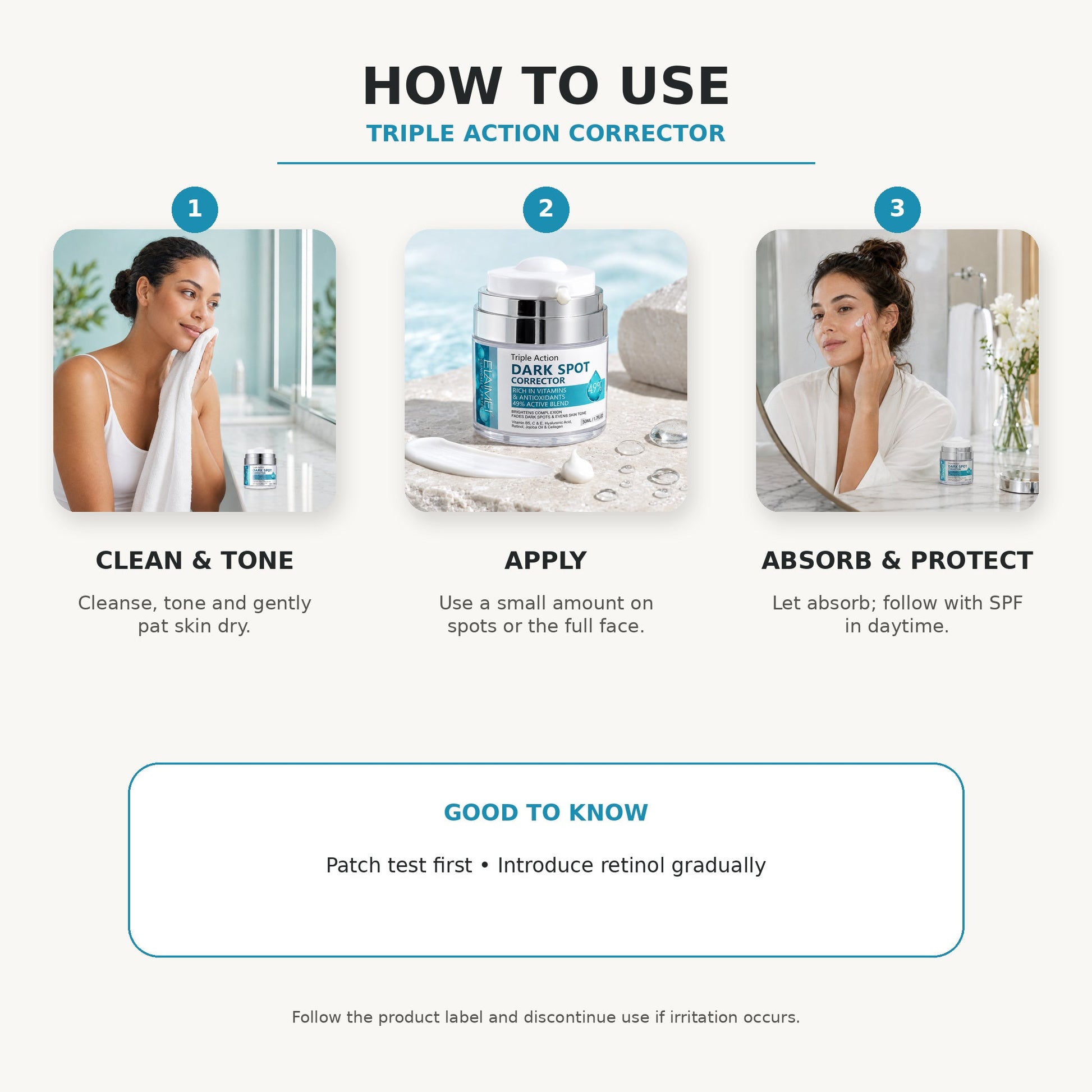 Triple Action Dark Spot Corrector three-step directions for use