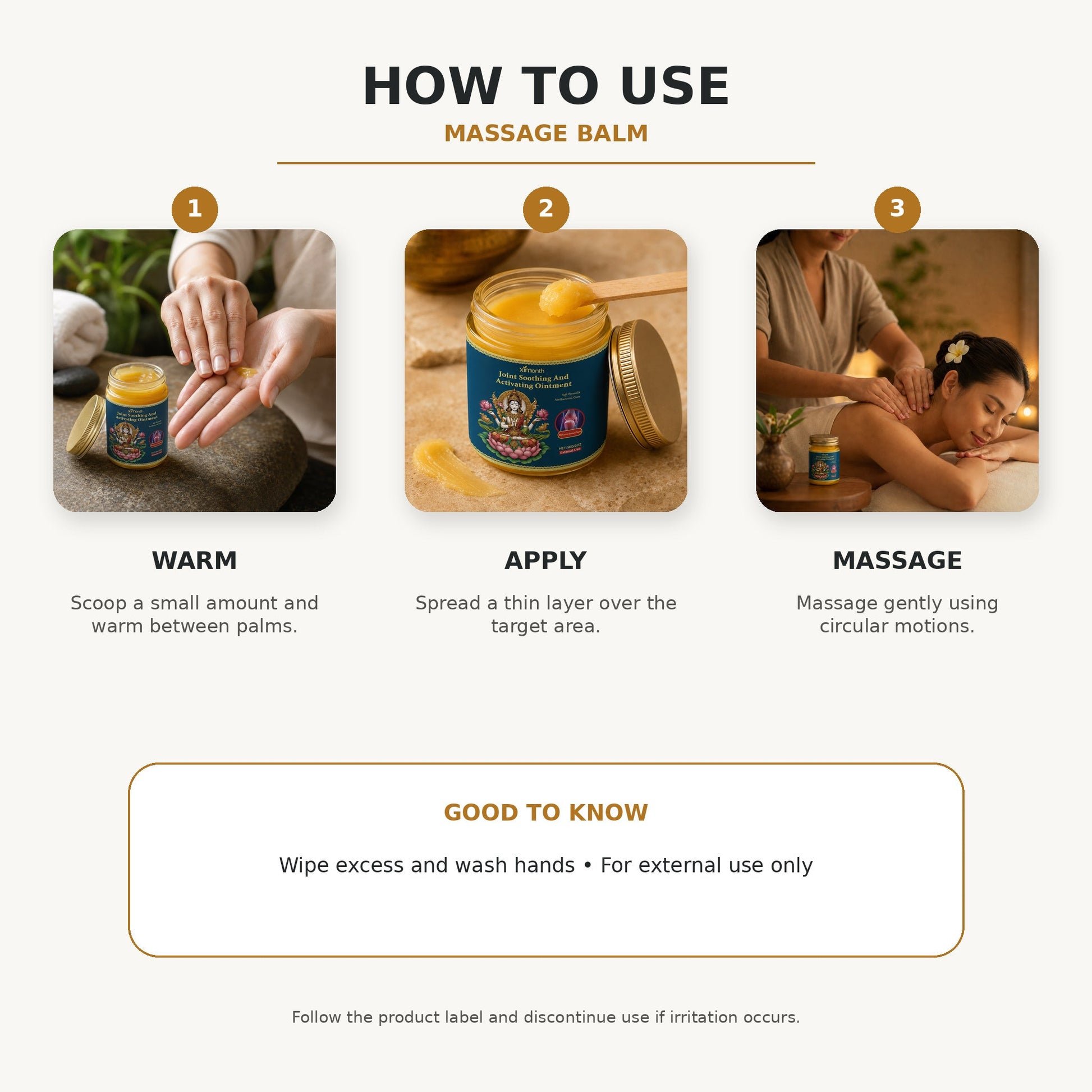 Joint Soothing Massage Balm three-step directions for use