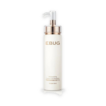 EBUG Moisturizing Luxury Care Emulsion 180ml bottle centered on a pure white background with a soft studio shadow
