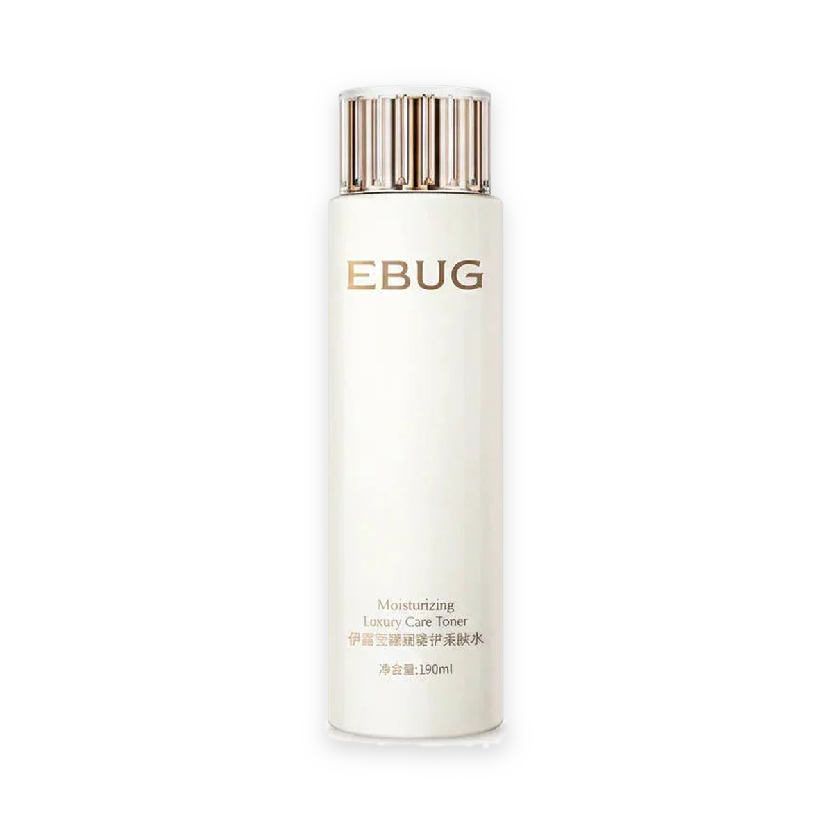 EBUG Moisturizing Luxury Care Toner 190ml bottle centered on a pure white background with a soft studio shadow