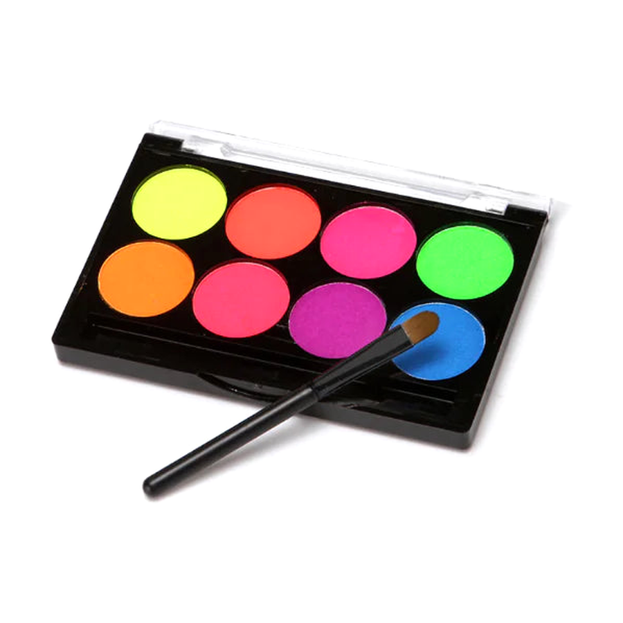 Fluorescent water-soluble body paint 8-colour palette with brush on a pure white background