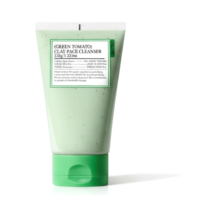 Green Tomato Clay Pack Cleanser tube centered on a pure white background
