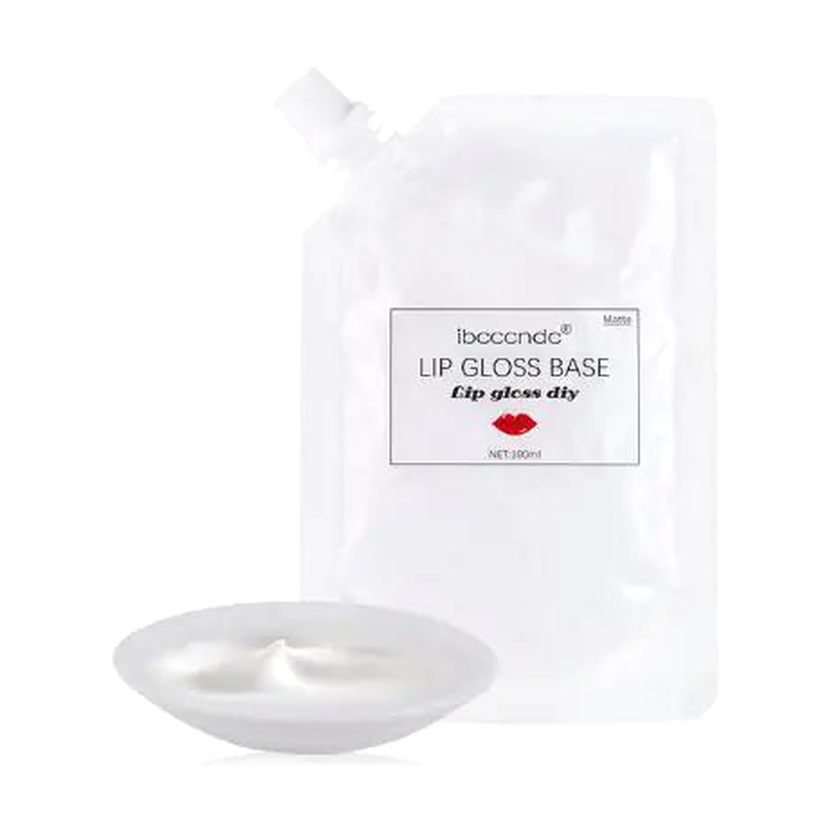 DIY lip gloss base matte pouch and gel dish on a pure white background
