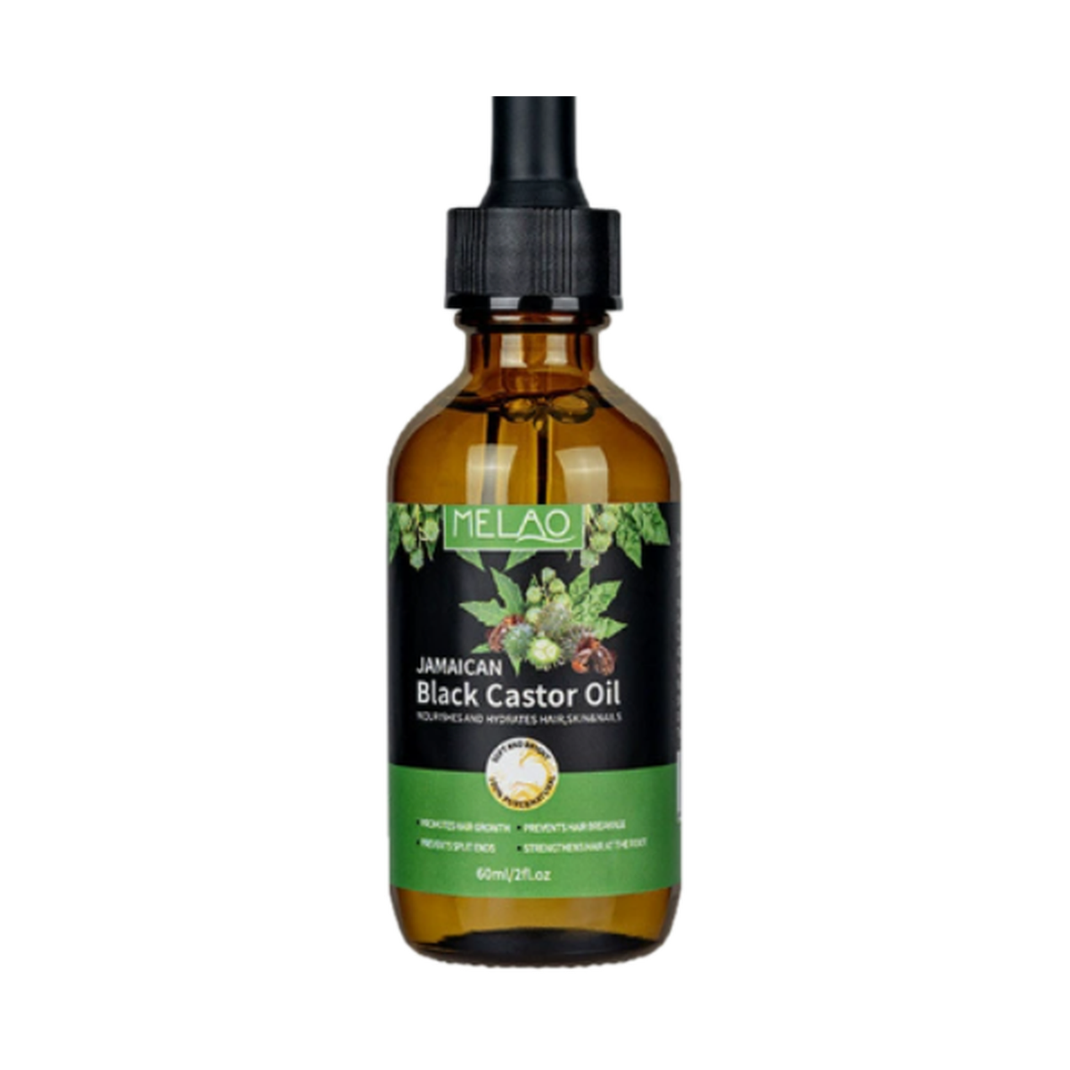 MELAO Jamaican Black Castor Oil 60ml dropper bottle centered on a pure white background