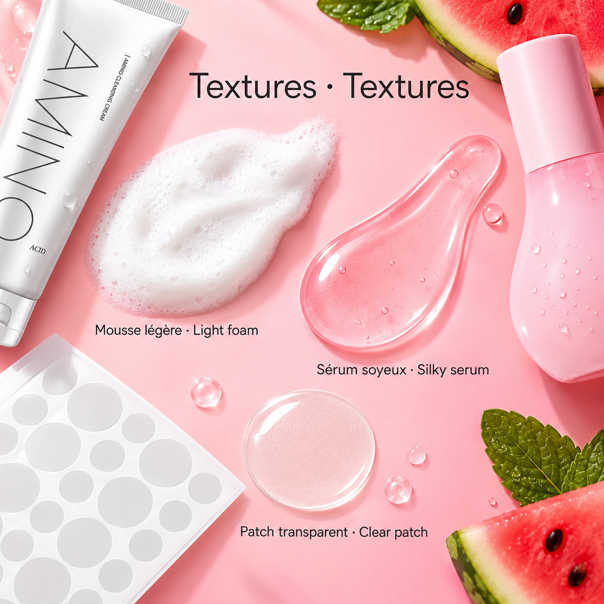 Textures: mousse légère, sérum soyeux, patch transparent / light foam, silky serum, clear patch