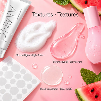 Textures: mousse légère, sérum soyeux, patch transparent / light foam, silky serum, clear patch
