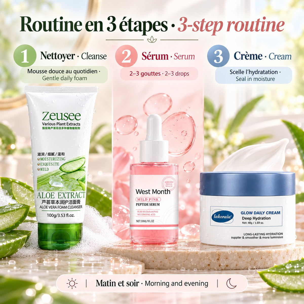 Routine en 3 étapes / 3-step routine: nettoyer, sérum, crème / cleanse, serum, cream