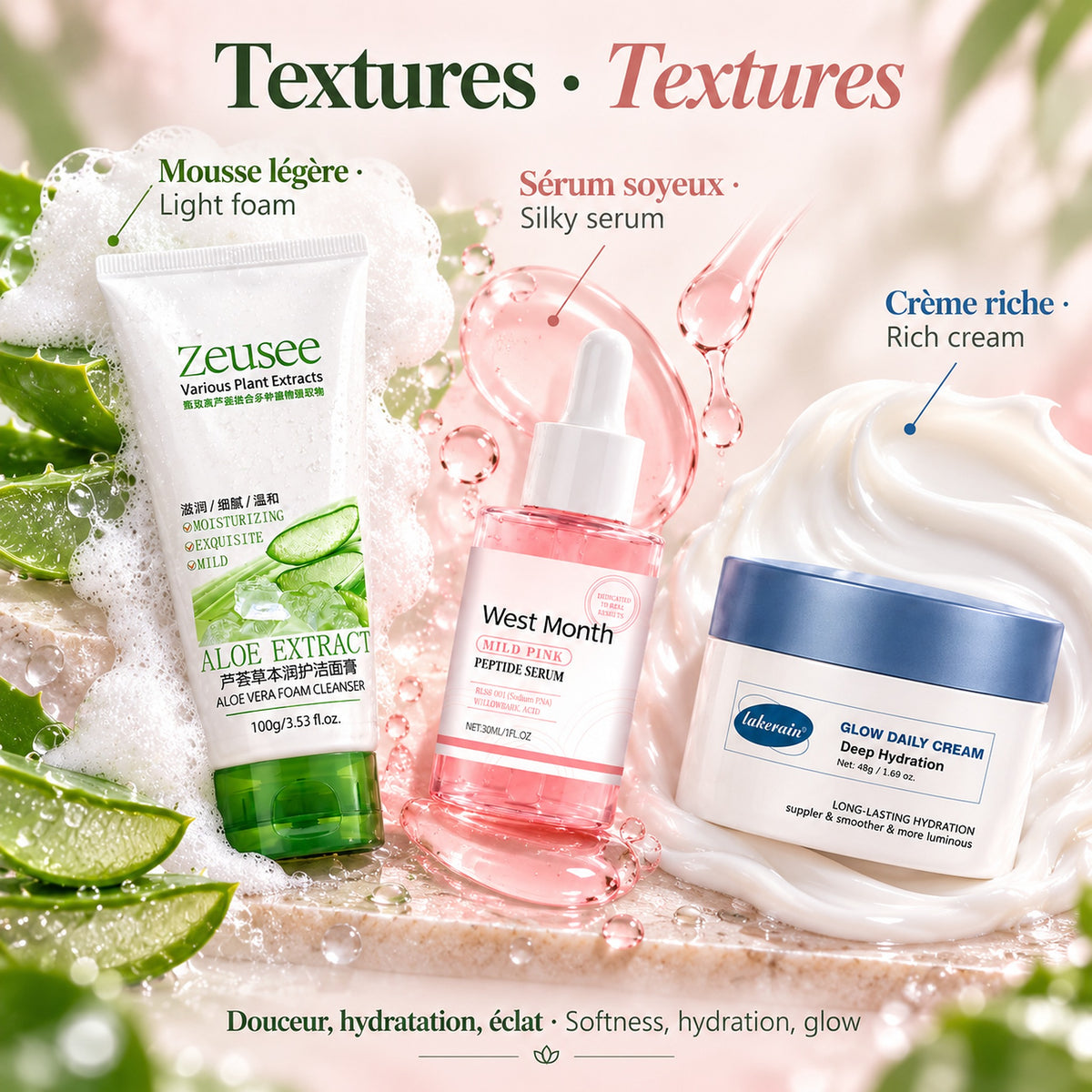 Textures: mousse légère, sérum soyeux, crème riche / light foam, silky serum, rich cream