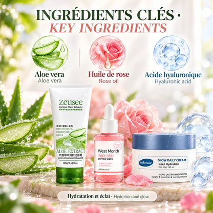 Ingrédients clés / Key ingredients: aloe vera, huile de rose / rose oil, acide hyaluronique / hyaluronic acid