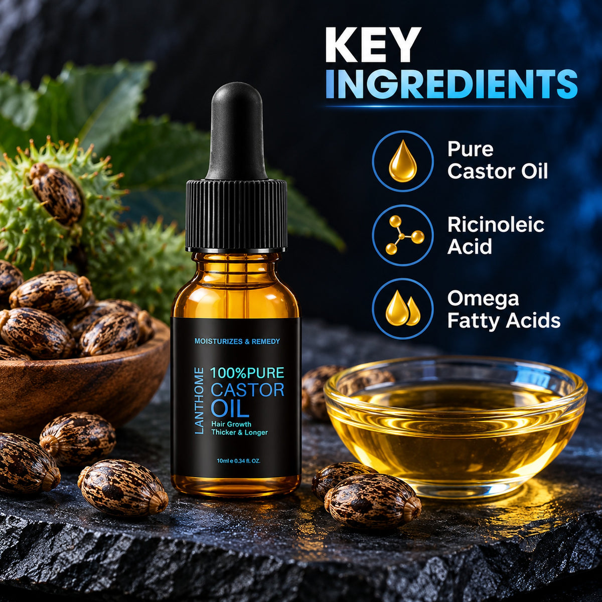 Key ingredients: pure castor oil, ricinoleic acid and omega fatty acids, with castor seeds and a dish of golden oil