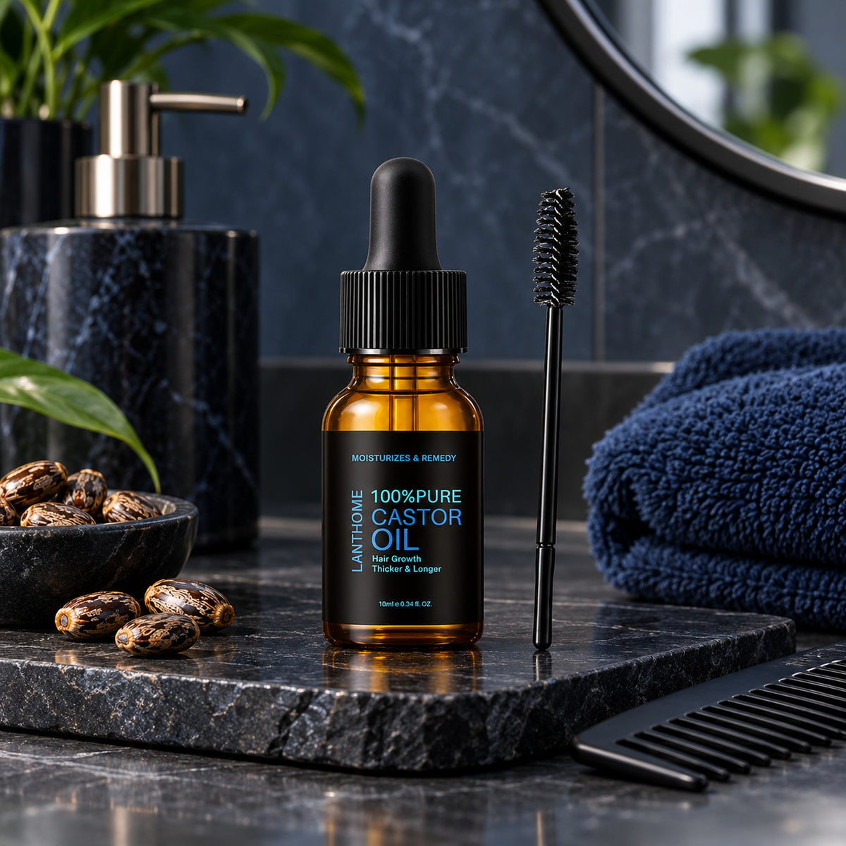 LANTHOME castor oil 10ml dropper bottle and spoolie wand on a dark marble bathroom shelf with castor seeds and a comb