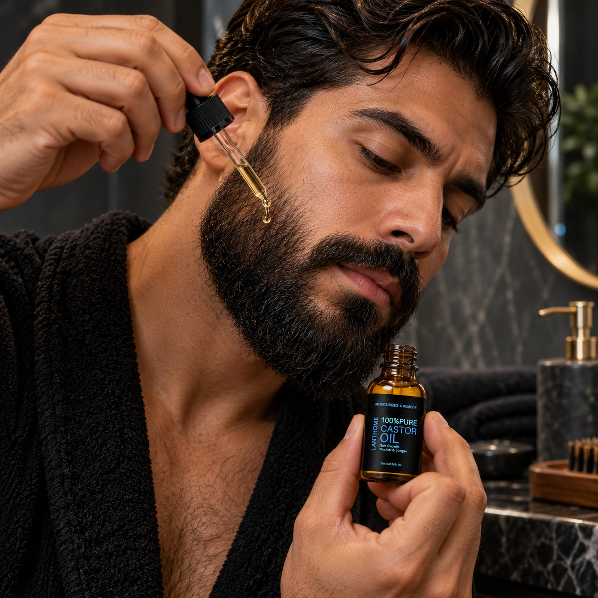 Bearded man applying a few drops of pure castor oil to his beard with the dropper