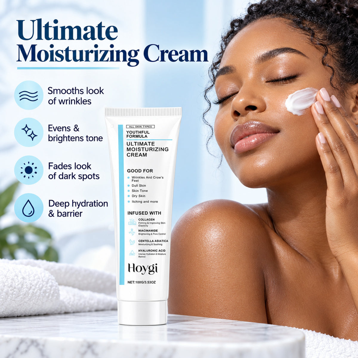 Woman applying Hoygi Ultimate Moisturizing Cream to her cheek – smooths look of wrinkles, evens and brightens tone, fades look of dark spots, deep hydration