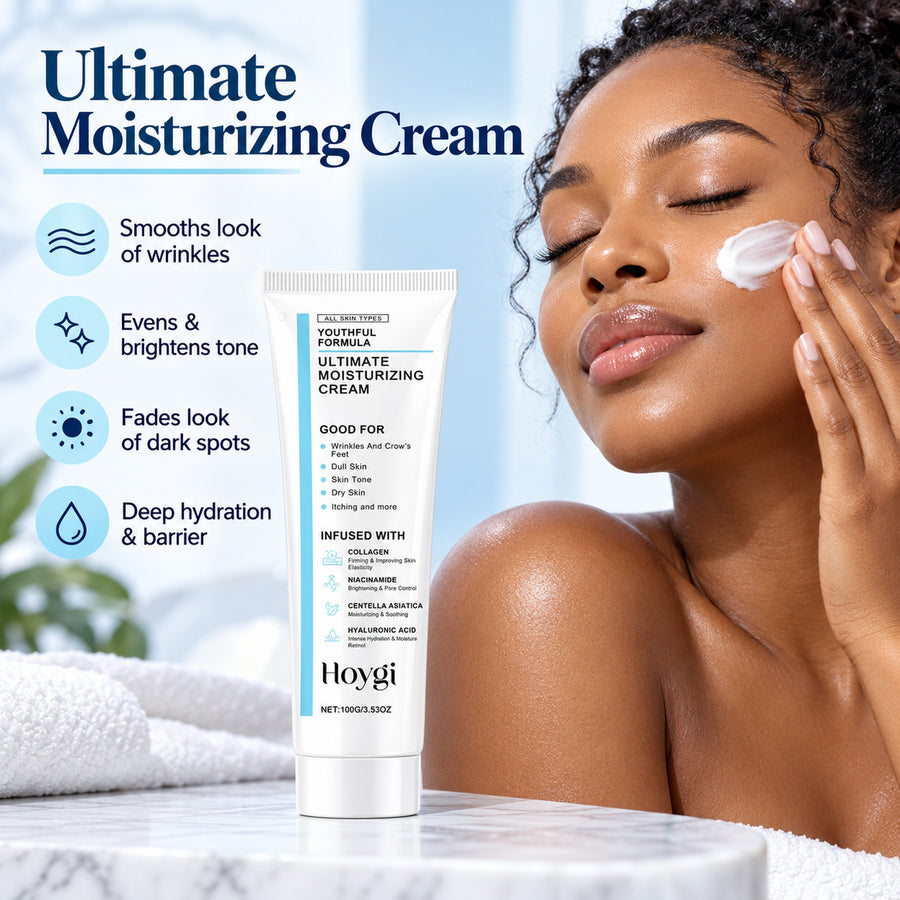 Woman applying Hoygi Ultimate Moisturizing Cream to her cheek – smooths look of wrinkles, evens and brightens tone, fades look of dark spots, deep hydration