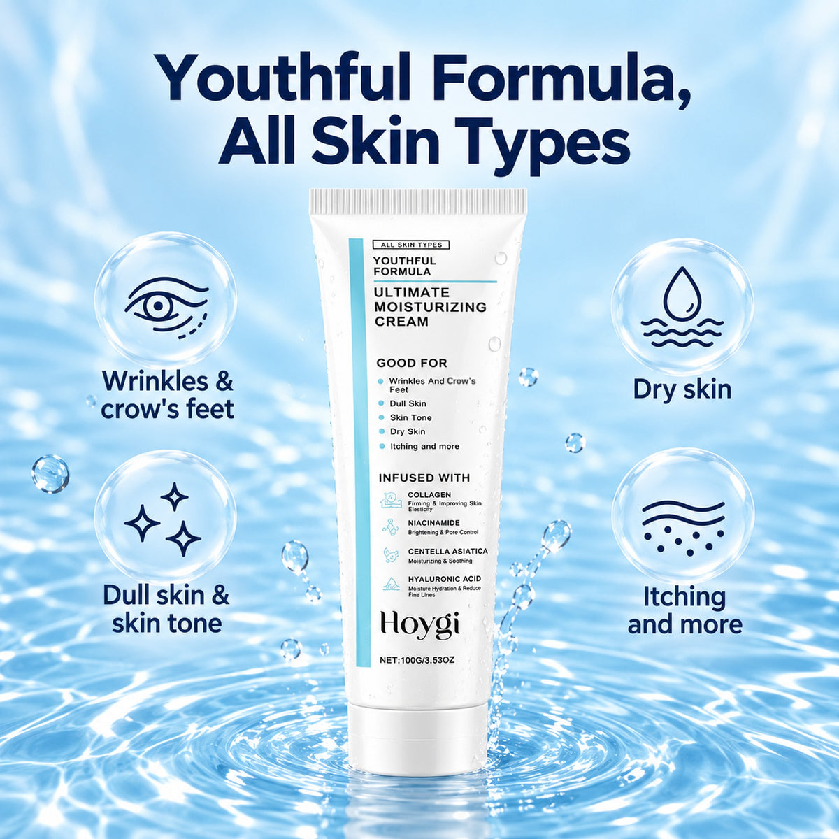 Youthful Formula for all skin types – good for wrinkles and crow's feet, dull skin and skin tone, dry skin, itching and more
