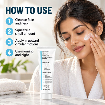 How to use the moisturizing cream in 4 steps: cleanse, squeeze a small amount, apply in upward circular motions, morning and night