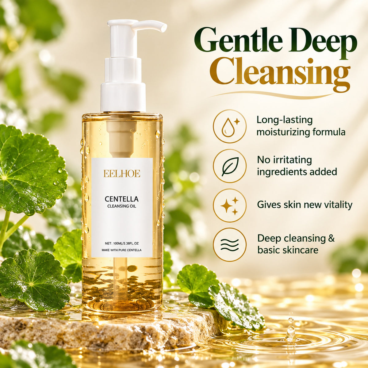 Gentle deep cleansing: long-lasting moisturizing formula, no irritating ingredients added, centella cleansing oil with fresh centella leaves