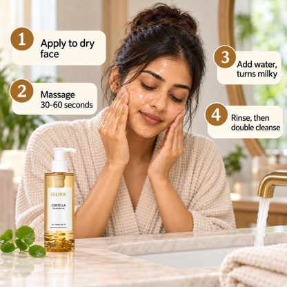 How to use the centella cleansing oil in 4 steps: apply to dry face, massage 30-60 seconds, add water, rinse then double cleanse