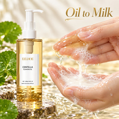 Golden centella cleansing oil turning into a milky emulsion with water in the hands