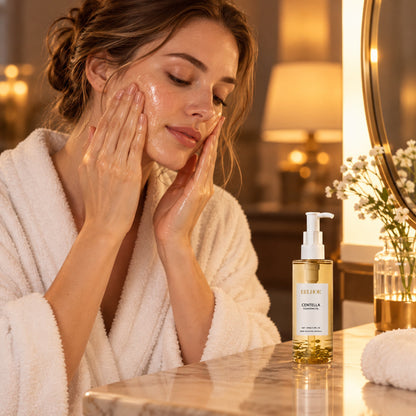 Woman in a bathrobe removing makeup with centella cleansing oil at an evening vanity