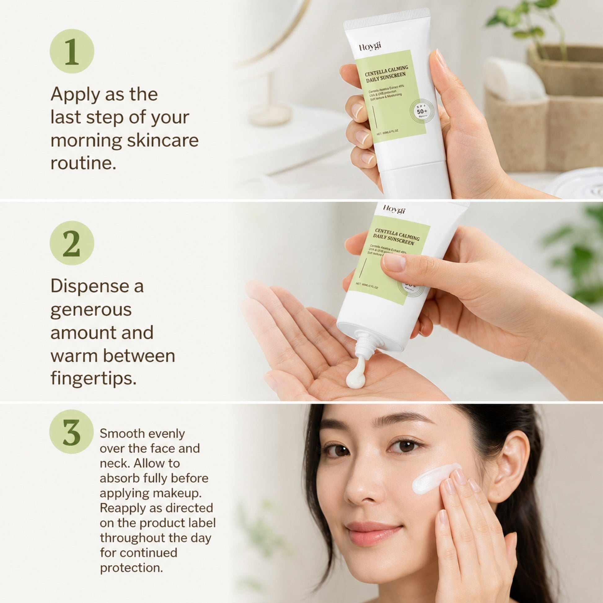 Centella Calming Daily Sunscreen – Hydrating Broad Spectrum SPF — photographic three-step how-to