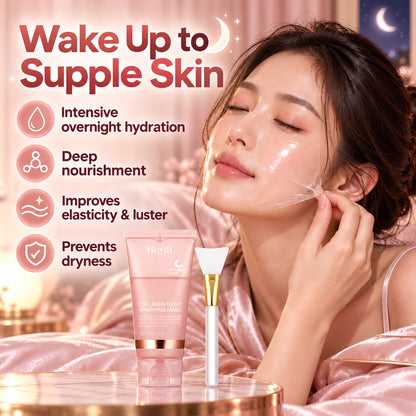 Woman with the clear collagen night mask film on her cheek – intensive overnight hydration, deep nourishment, elasticity and luster