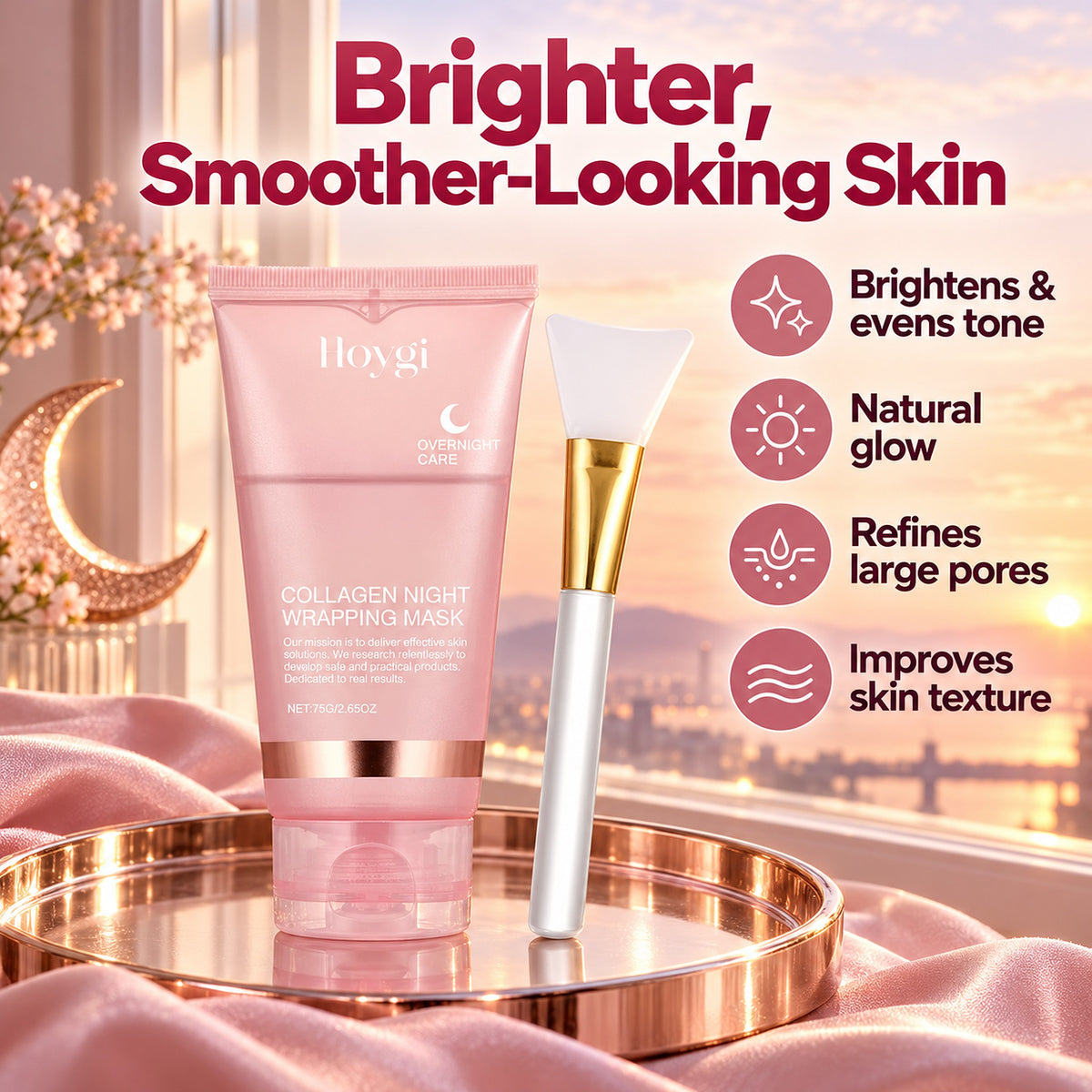 Hoygi Collagen Night Wrapping Mask tube and brush – brightens and evens tone, natural glow, refines large pores, improves texture