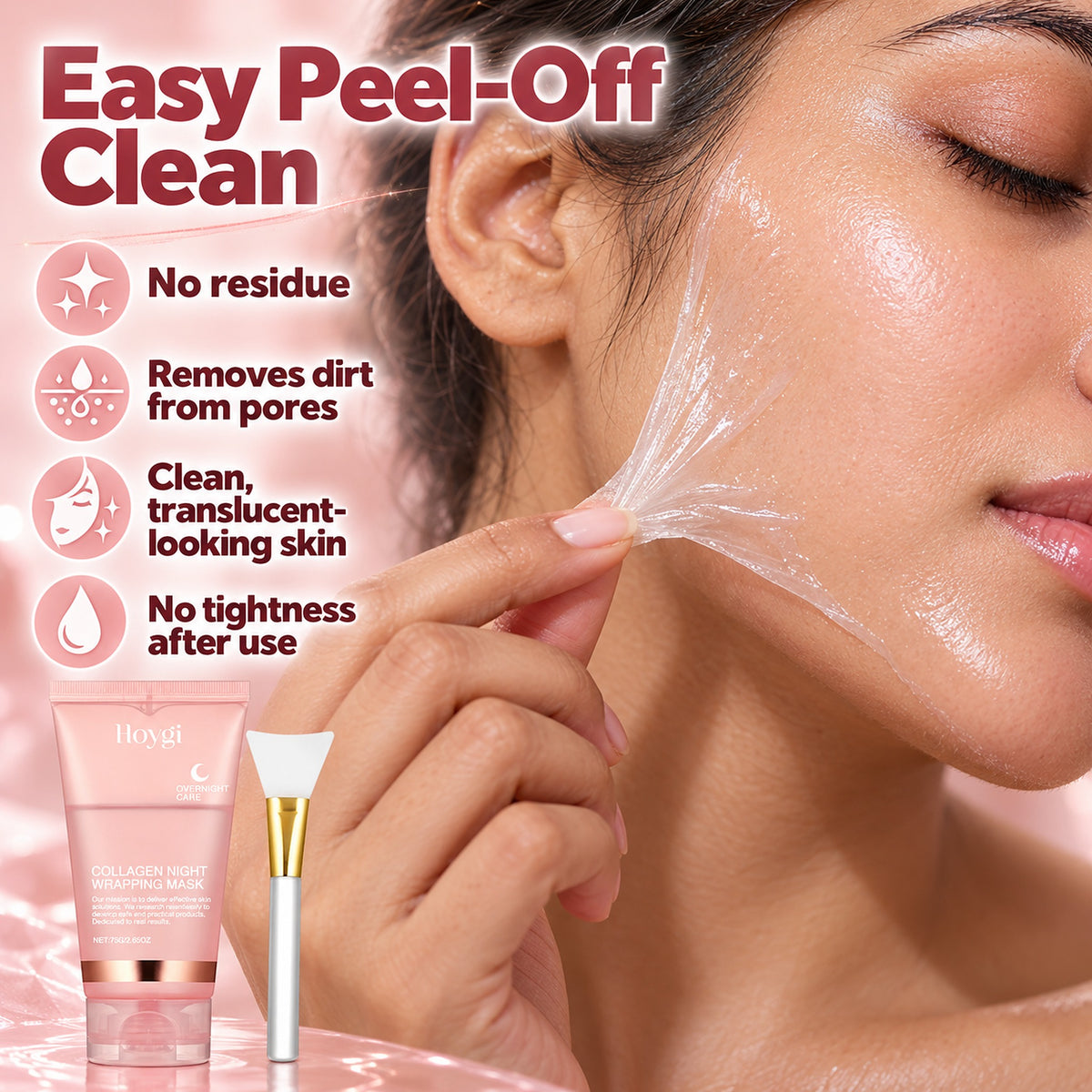 Peeling off the clear wrapping mask film – no residue, removes dirt from pores, no tightness after use