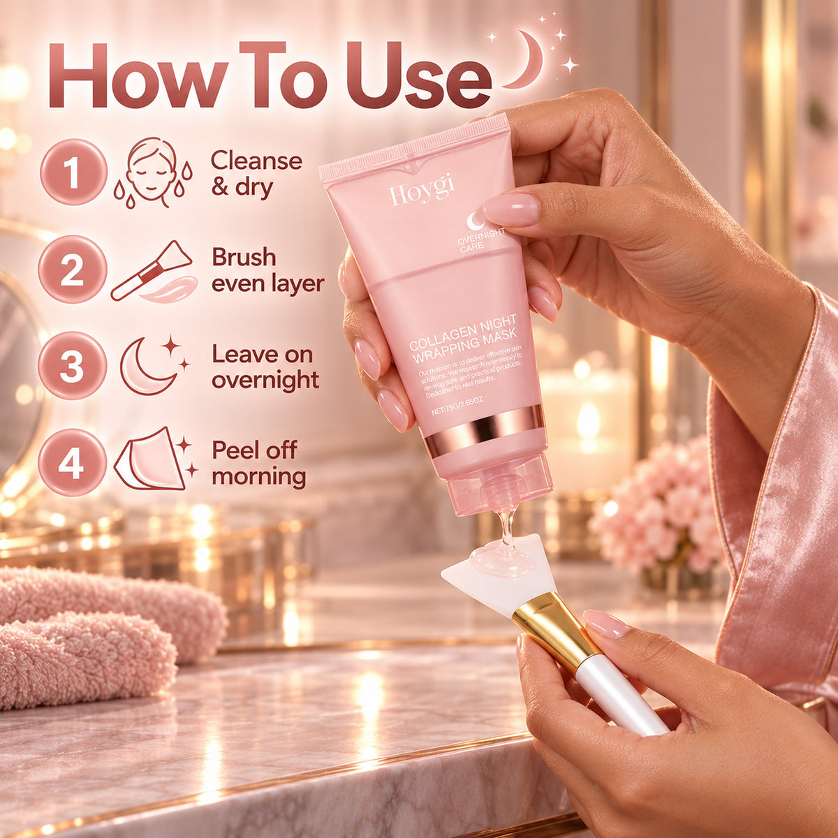 How to use – cleanse and dry, brush on an even layer, leave on overnight, peel off in the morning