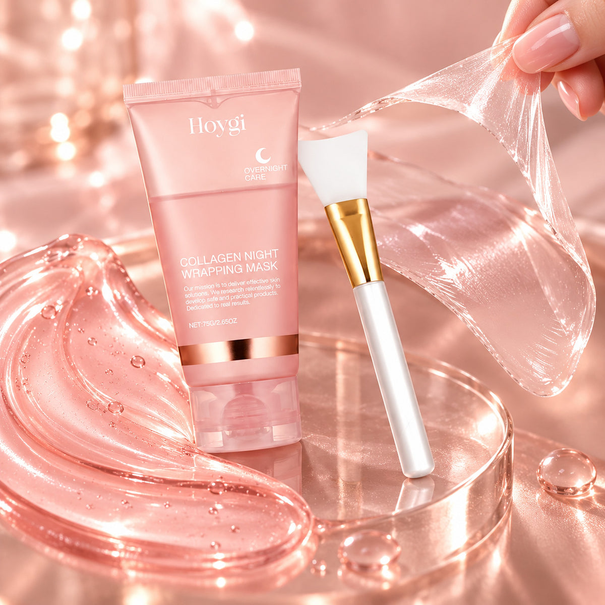 Translucent pink collagen gel and a peeled clear film with the silicone brush