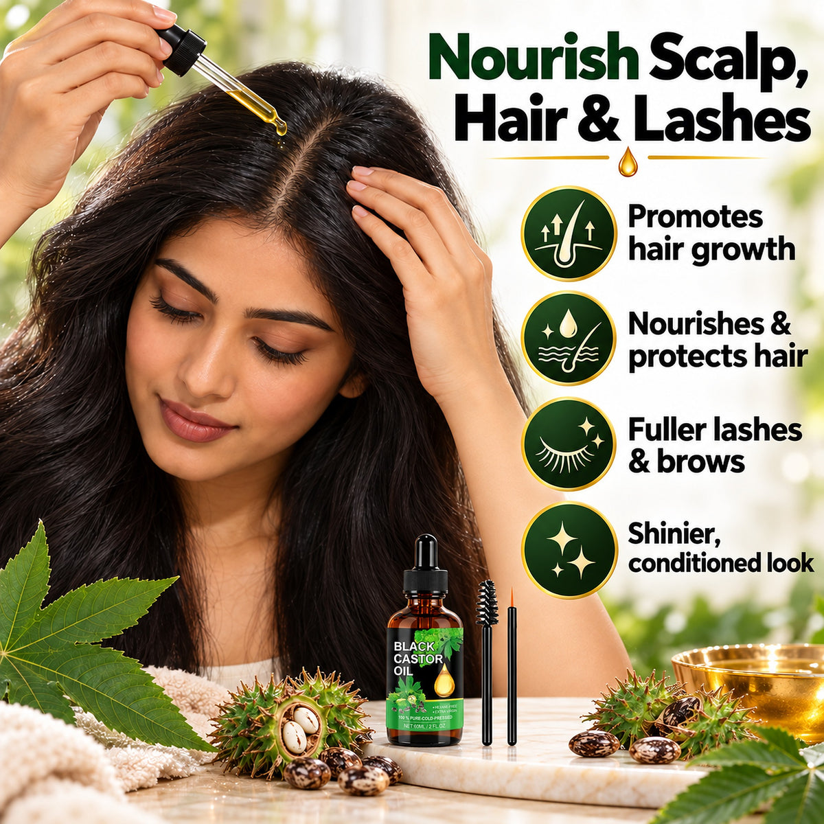 Woman applying black castor oil to her scalp – promotes hair growth, nourishes and protects hair, fuller lashes and brows
