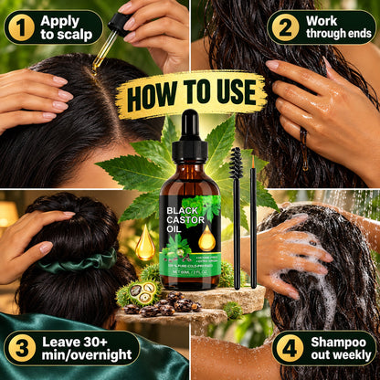 How to use black castor oil – apply to scalp, work through ends, leave 30+ minutes or overnight, shampoo out weekly