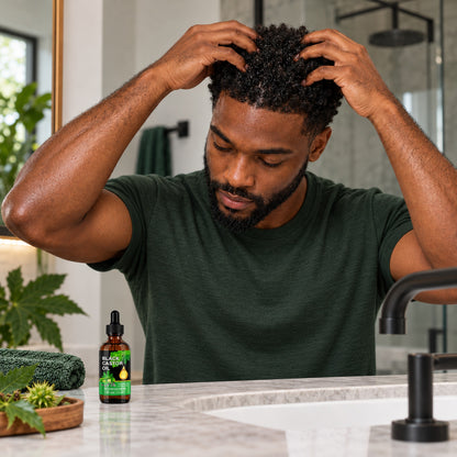 Bearded man massaging black castor oil into his scalp at a bathroom sink