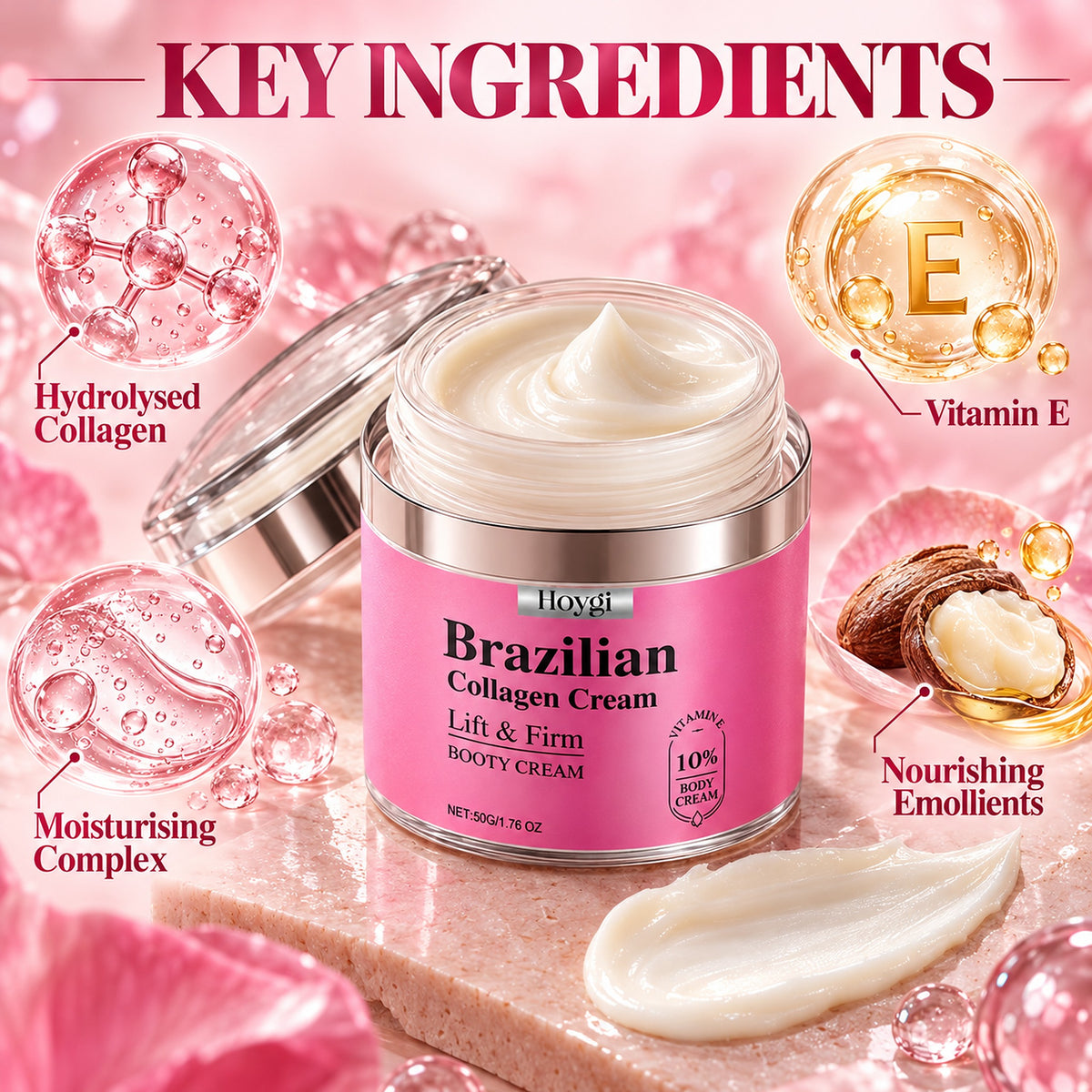Key ingredients of the Brazilian collagen booty cream: hydrolysed collagen, vitamin E, moisturising complex, nourishing emollients
