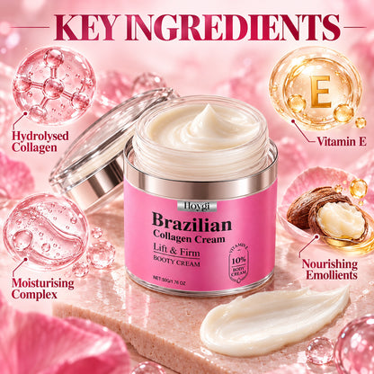 Key ingredients of the Brazilian collagen booty cream: hydrolysed collagen, vitamin E, moisturising complex, nourishing emollients