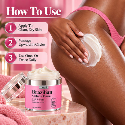 How to use the booty firming cream: apply to clean dry skin, massage upward in circles, use once or twice daily