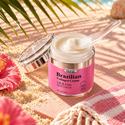 Open jar of Hoygi Brazilian Collagen Cream on warm sand with palm-leaf shadow and a pink beach towel