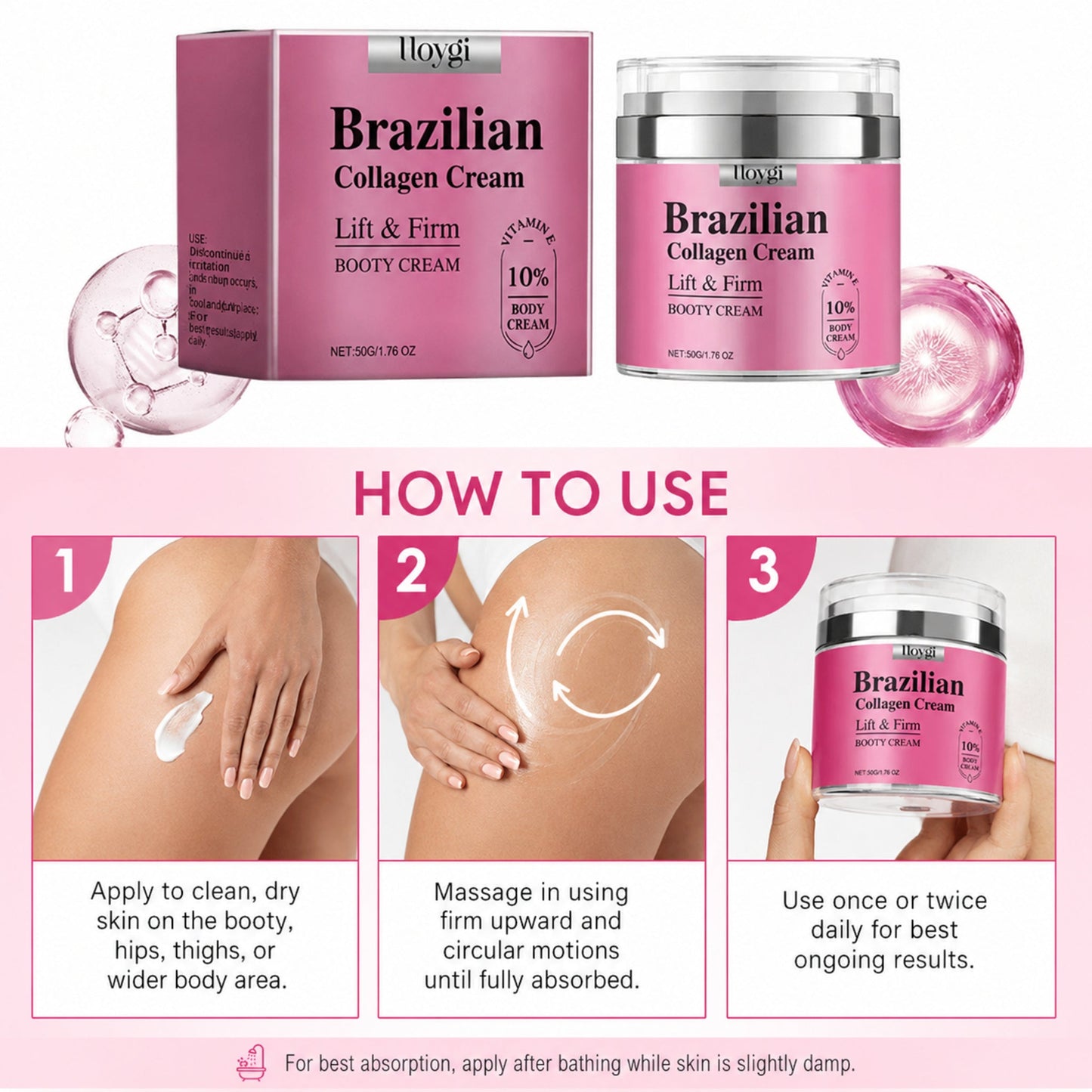 Collagen Hydrating Booty & Body Firming Cream, 50g — photographic three-step how-to