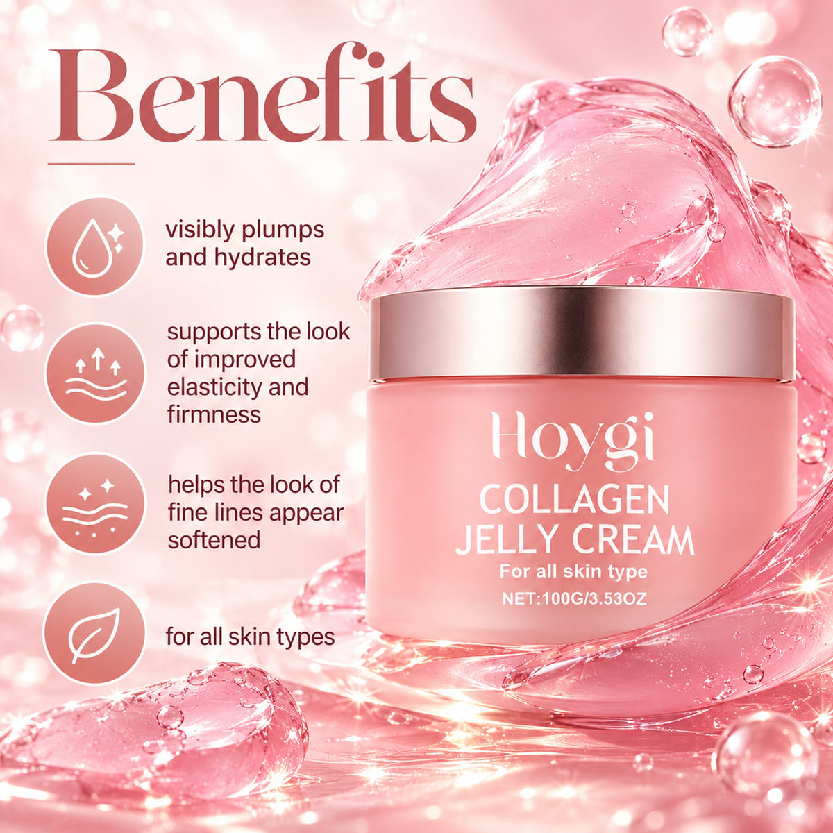 Collagen jelly cream benefits: visibly plumps and hydrates, supports elasticity and firmness, softens the look of fine lines, for all skin types