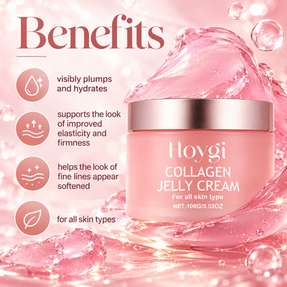 Collagen jelly cream benefits: visibly plumps and hydrates, supports elasticity and firmness, softens the look of fine lines, for all skin types